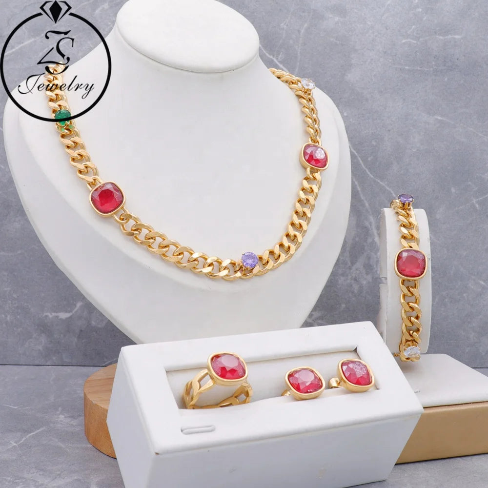 Ladies Fine Quality Wedding Jewelry Set-12 Pieces Gold Crystal Glass Earrings Necklace for Parties Fashionable Women's