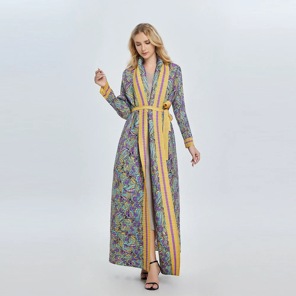 Miyake Vintage Custom Printed Pleated Abaya for Ladies Plus-Size Breathable Chiffon Floor-Length Waistline Quick Dry Casual Coat