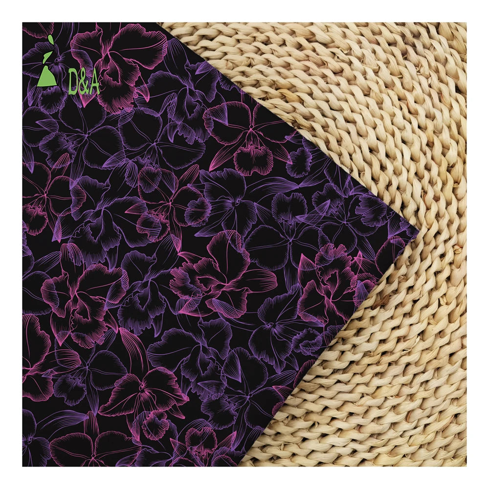 Artistic Purple Stripe Flower Black Background Printed Blackout Lightweight 100% Polyester Satin Fabric Wedding Sleepwear