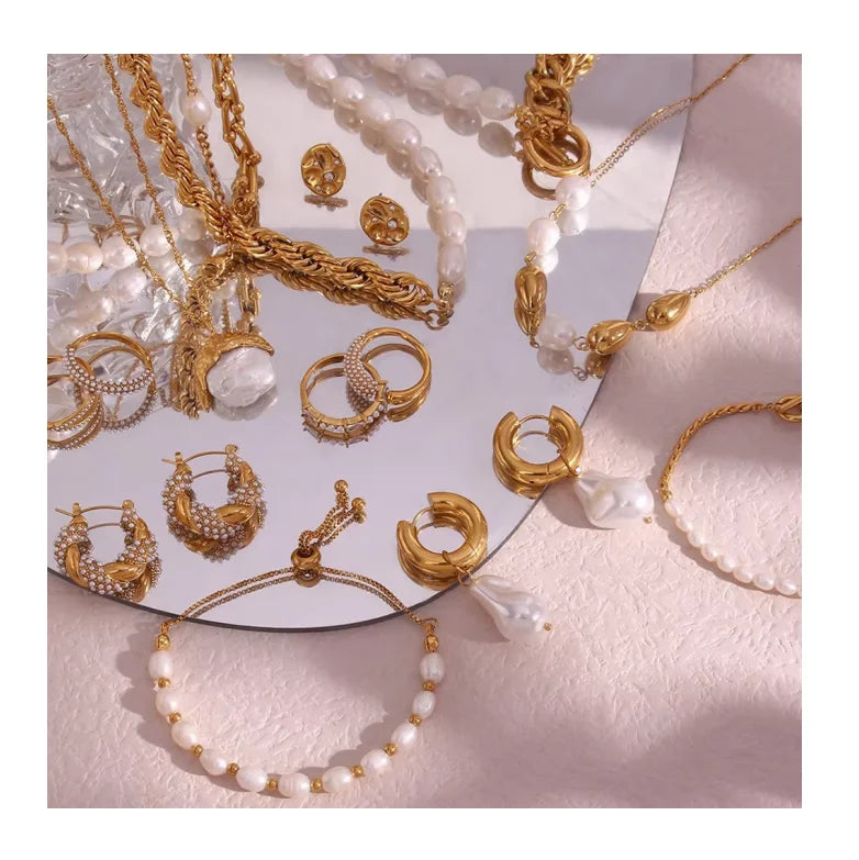 Popular Simple Pearl Ring Steel Bracelet Necklace Bracelet Set for Women