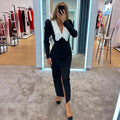 Patchwork Color Contrast Double Breasted Button Up Cotton Long Sleeve Midi Black Dress Spring Long Dresses Women