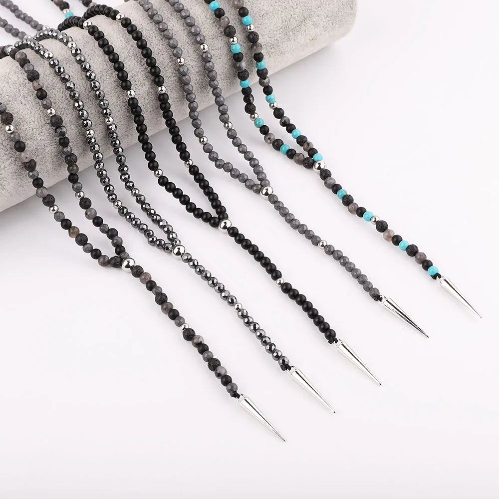 New Fashion Cute Design 4mm Small Natural Stone Lava Rock Hematite Gemstone Pyramid Pendant Long Necklace for Men