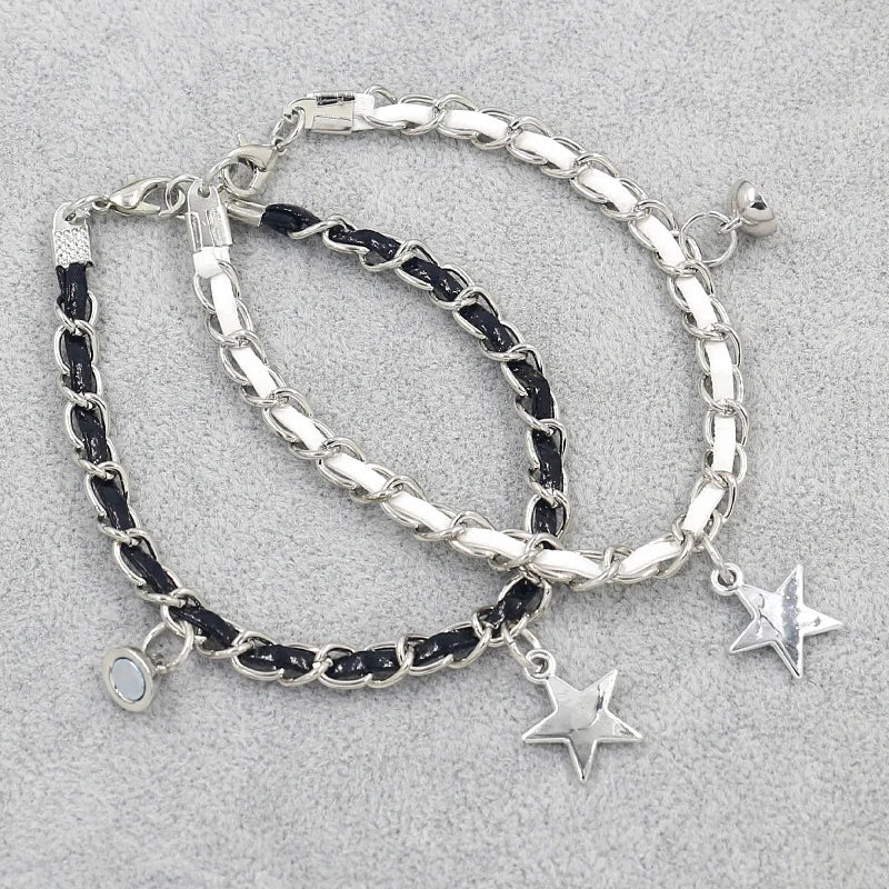2PCS/SET Black White Imitation Leather Weaving Magnetic Attraction Star Pendant Chain & Link Bracelet