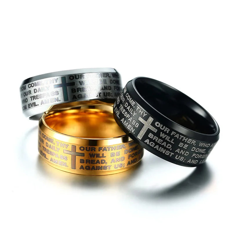 ORDRM Men's Stainless Steel Engraved Bible Verse Christian Lord's Prayer Cross Ring
