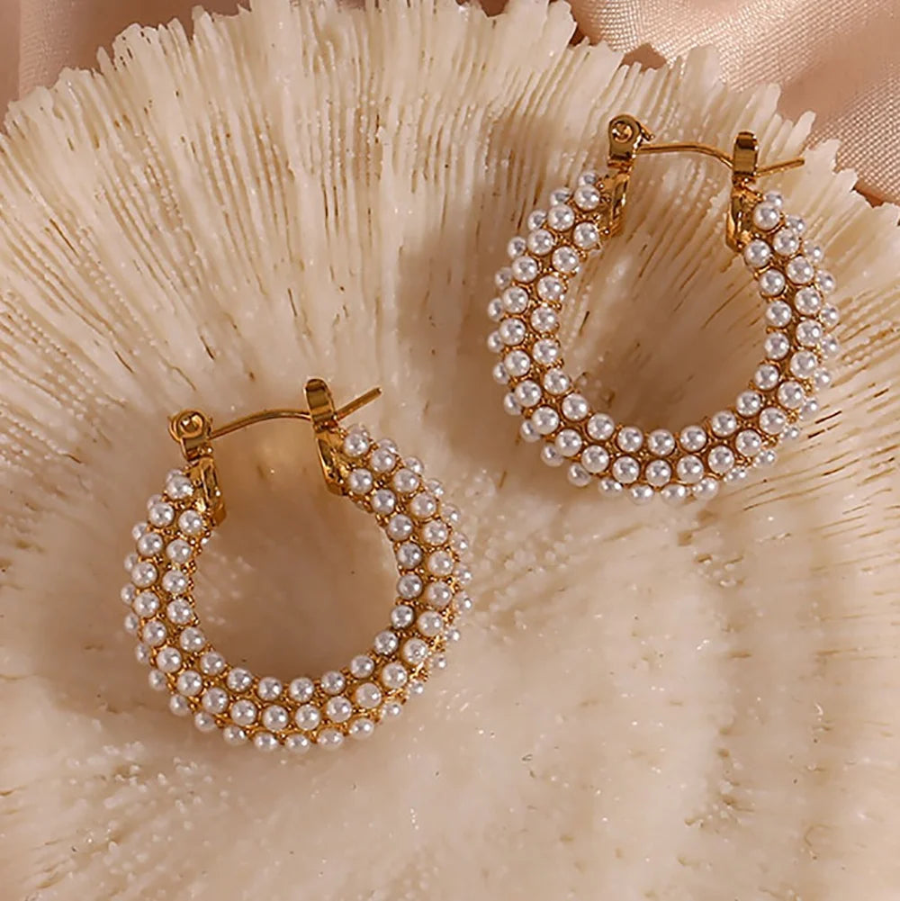 Guarantee Dreamshow Elegant Fresh Water Pearl Hoop Earring for Women 18K Gold Plated Stainless Steel Hoop Earring