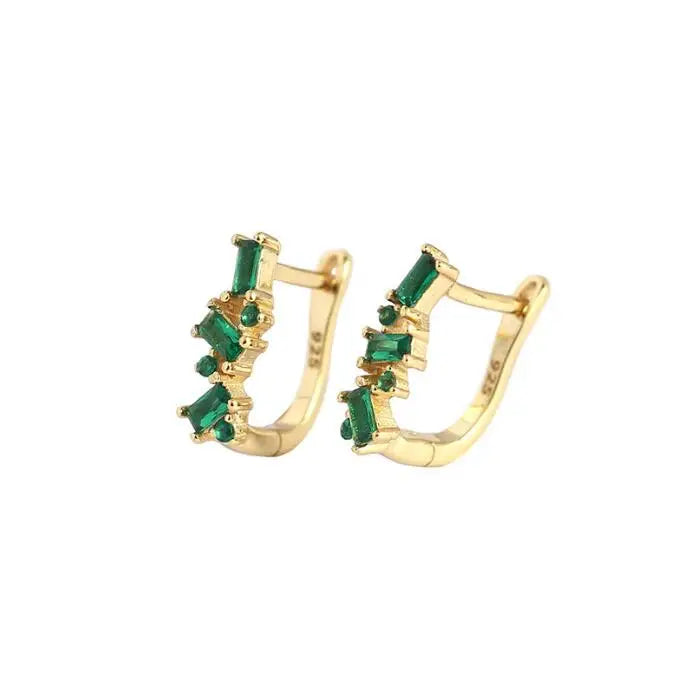 Bohemia 925 Sterling Silver Jewelry Colorful Crystal Black Green Geometric CZ Stone Huggie Hoop U Shaped Earrings