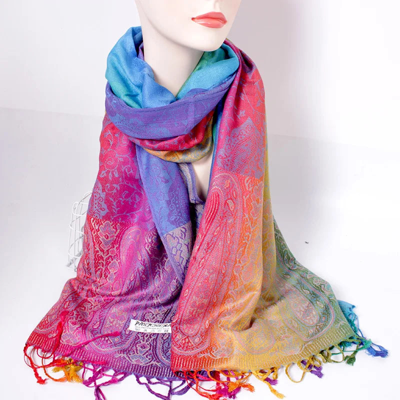 Women's Paisley Retro Tassel Scarf Lady Cotton Twill Shawl Autumn Winter Warm Gradient Color Rainbow Warm Female Jacquard Wraps