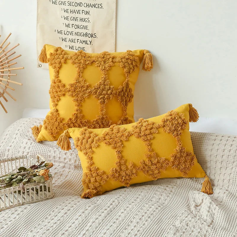 Turmeric Color Woven Tufted Boho Style Throw Pillow Cover With Tassels Lumbar Embroidered Pillowcase for Couch Sofa Decor