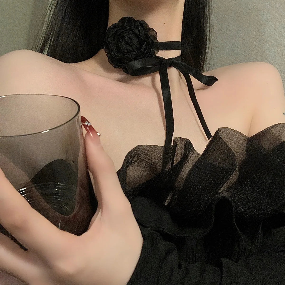 Wholesale K-pop Vintage Black Flower Necklaces DIY Handmade Floral Rose Flowers Choker Necklaces Women