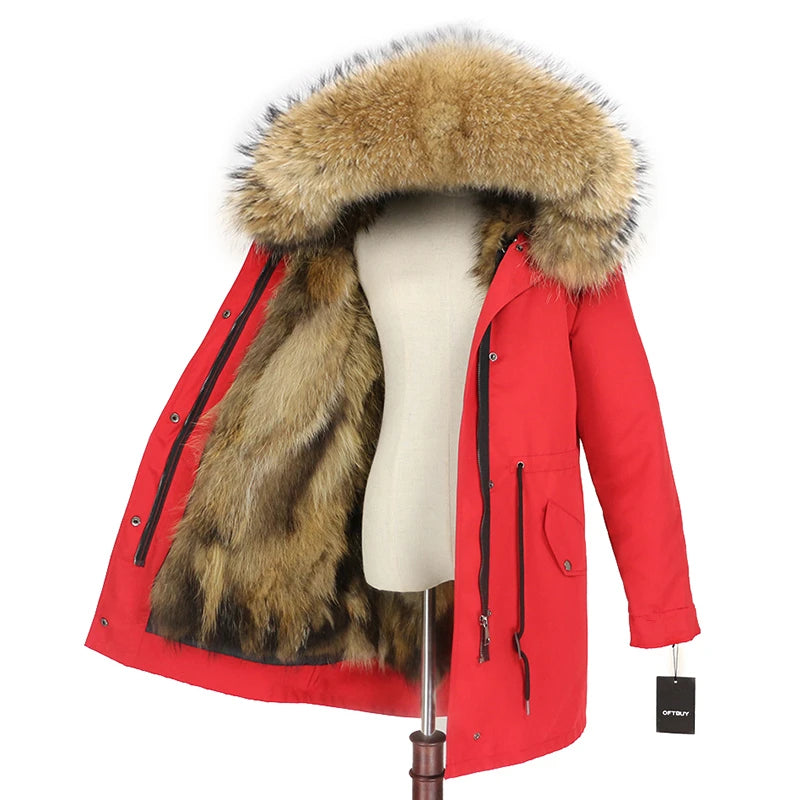 OFTBUY 2023 Women's Luxury Winter Parka Natural Raccoon Fur Trim Hood Long Outwear Detachable Waterproof Jacket Real Fox Women