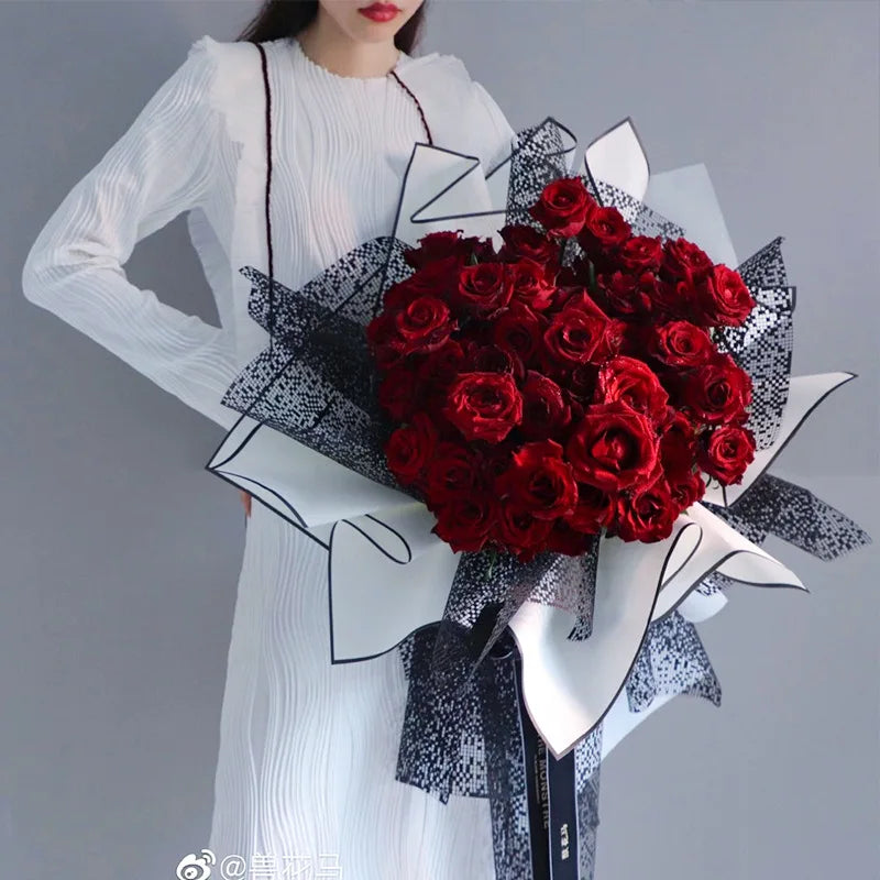 Black  White Border Waterproof Rose Flower Wrapping Paper Korean Style Half Transparent Gift Wrap Florist Bouquet Wrapping Paper