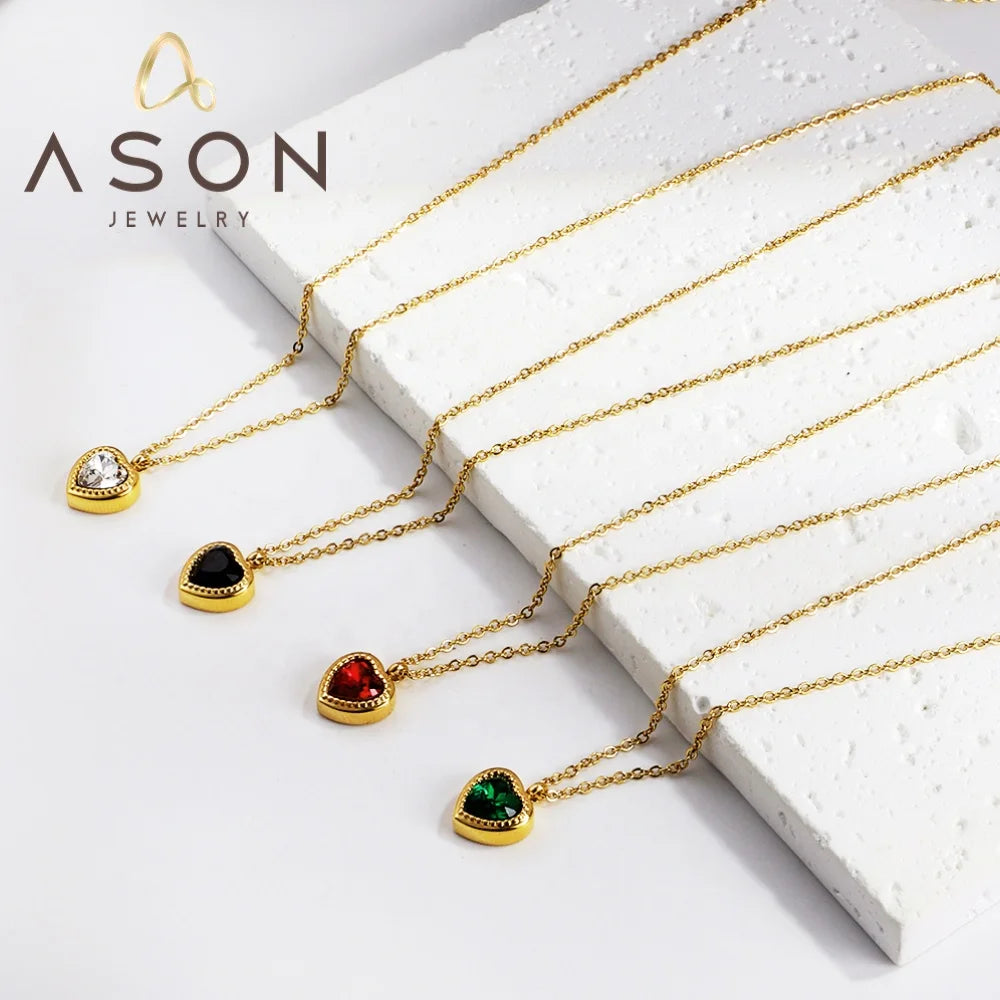 Ason 2023 New Fashion Jewelry Stainless Steel Charm Necklace Heart Shape Mixed Color Diamond Pendant Necklace for Women
