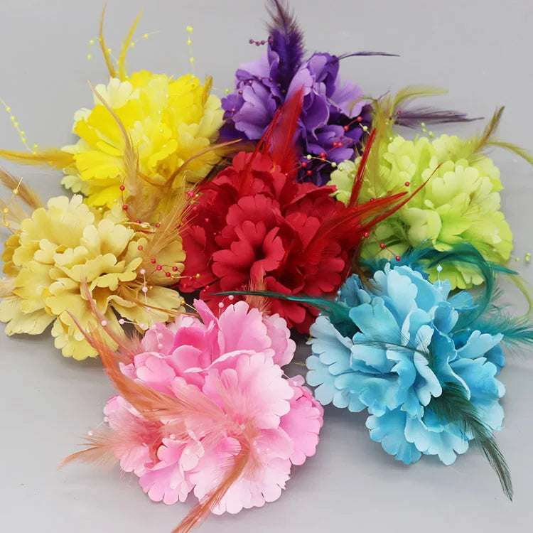 Wholesale Hawaiian Beach Holiday Decoration Peony Flower Bow Clips Hair Accessories with Feather