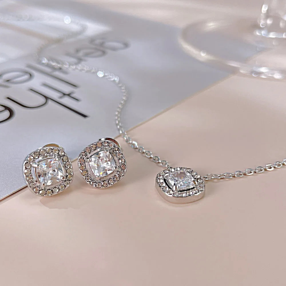 Ouj Fashion Luxury Geometric Square Shape Wedding Cubic Zirconia Paved Stainless Steel Necklace Earrings Jewelry Set for Bridal