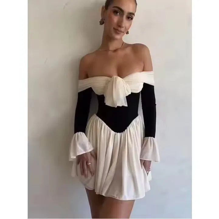 Lady Lace up Party A-line Dress Fashion Flare Long Sleeve Pleated Bodycon Dress Elegant Off Shoulder Patchwork Women Mini Dress