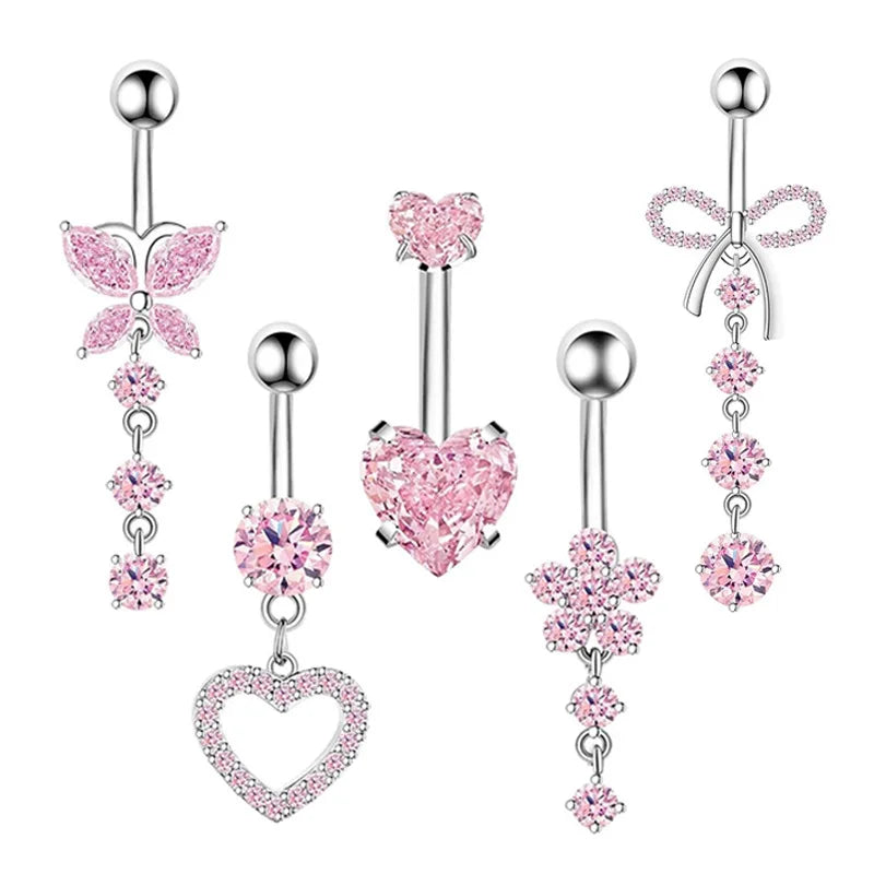 5 Piece Set Navel Button European and American Puncture Heart butterfly Long Tassel Zircon Navel Nail Stainless Steel Navel Nail