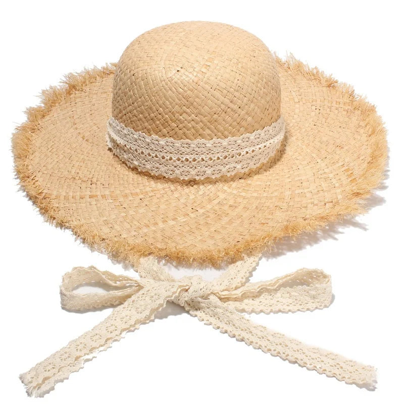 Raffia Straw Hat Wide Brim Summer Beach Lace Sunshade Sunscreen Straw Hats Wholesale