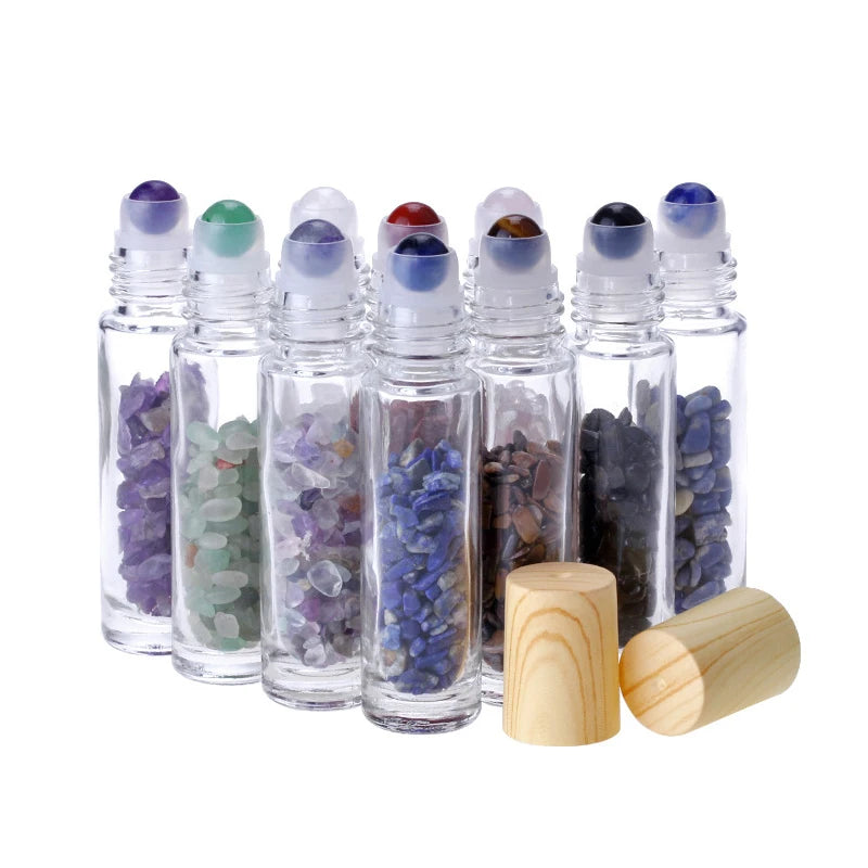 10ml Glass Roll on Bottle Perfume Sample Vials Essential Oil Bottles With Gemstone Roller Balls and Quartz Chips Inside