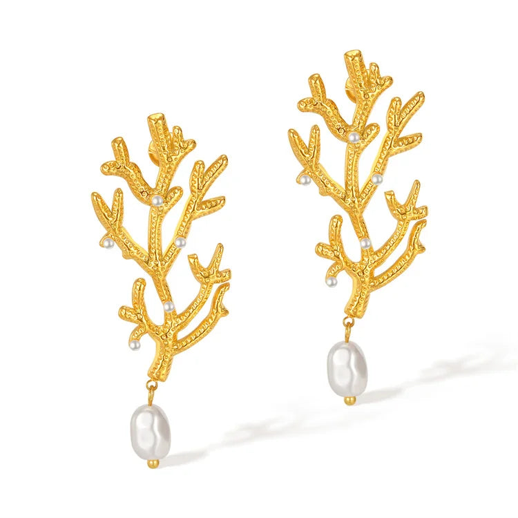 High End Hypoallergenic Trendy Vintage Personalized Gold Plated Stainless Steel Coral Pearl Women's Anniversary Stud Earring