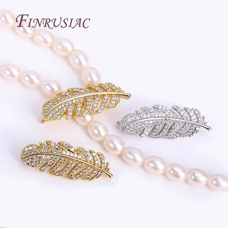 Inlaid Zircon Beads Clasps Fastener Findings DIY Crafts 12X32MM 18K Gold Plated Feather Pearl Clasp Supplies Necklace Bracelet