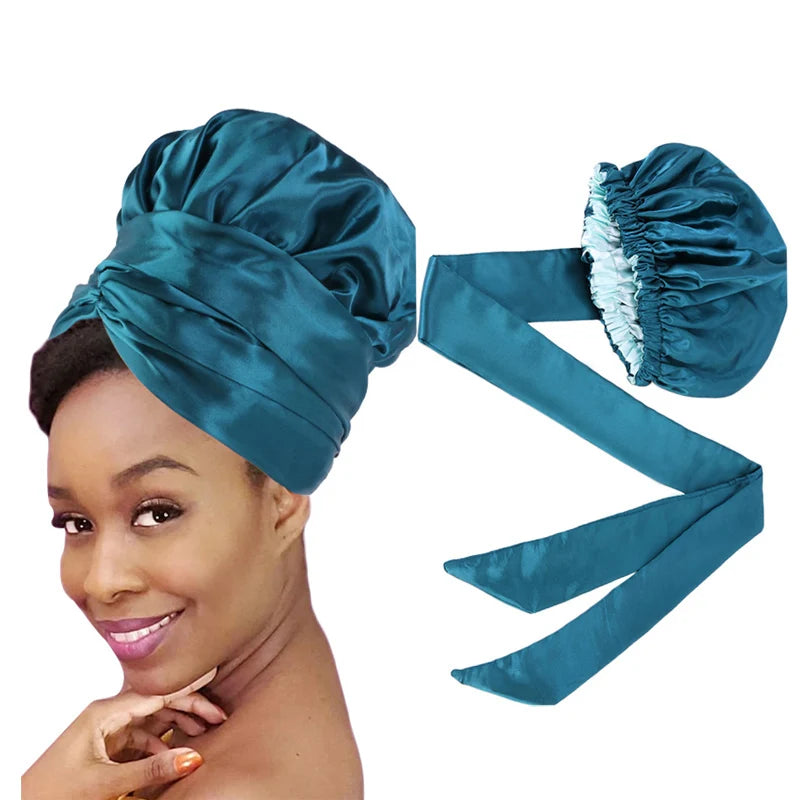 New Fashion Women Ankara Printing Satin Sleep Bonnets  Double Layer Silky Luxury Lady Daily Wear Bonnet With Tail TJM-454C