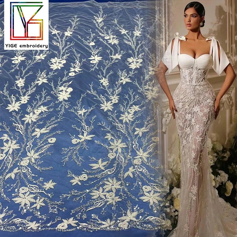 New French Luxury White 3d Heavy Beaded Sequins Lace African Floral Embroidery Wedding Bridal Lace Fabric