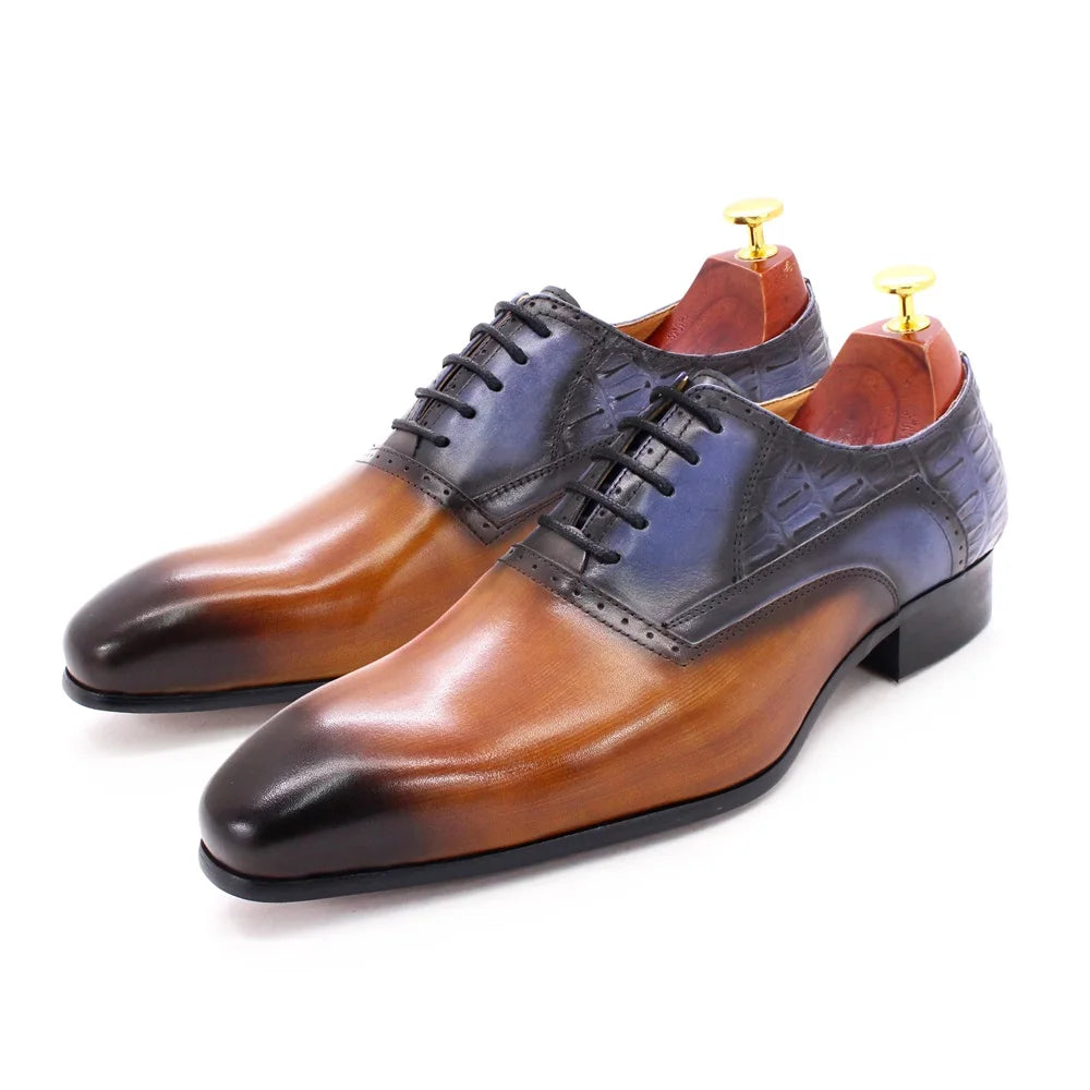 2021 New Design Brown Plain Toe Leather Shoes Blue Leather Patchwork Men Lace up Formal Autumn Business Casual Dress Shoes