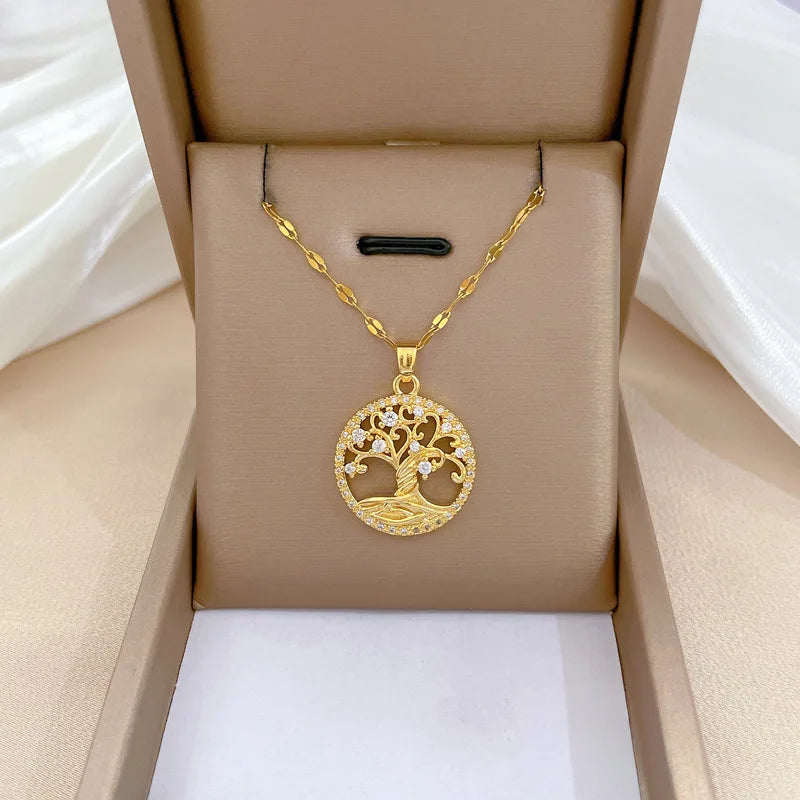 Stainless Steel Tree Shape Light Luxury Crystal Diamond Zircon Necklace Charm for Women Wedding Engagement Jewelry