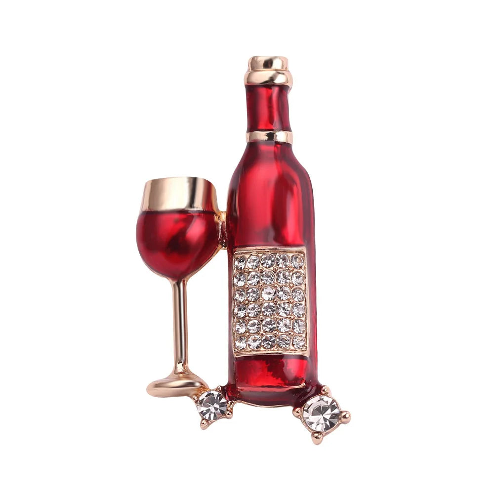 Luxury Exquisite Red Wine Cup Wine Bottle Shape Brooches Crystal Rhinestone Pins for Women Men Hats Suit Accessories Jewelry
