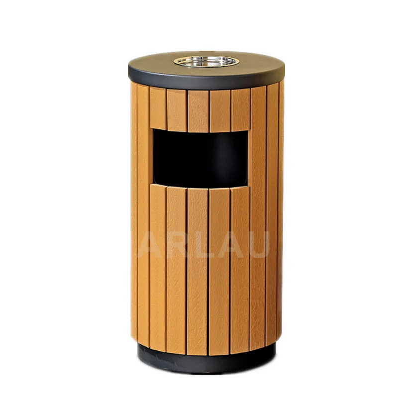 Outdoor Round Plastic Wood Garbage Receptacle Trash Can Outside Garden Street Medium Recycle Waste Bin Backyard Public Dustbin