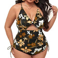 European and American New Women's Large Print Gathering Hollow One Piece Sexy Bikini Swimsuit