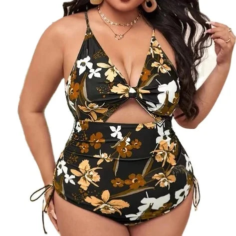 European and American New Women's Large Print Gathering Hollow One Piece Sexy Bikini Swimsuit