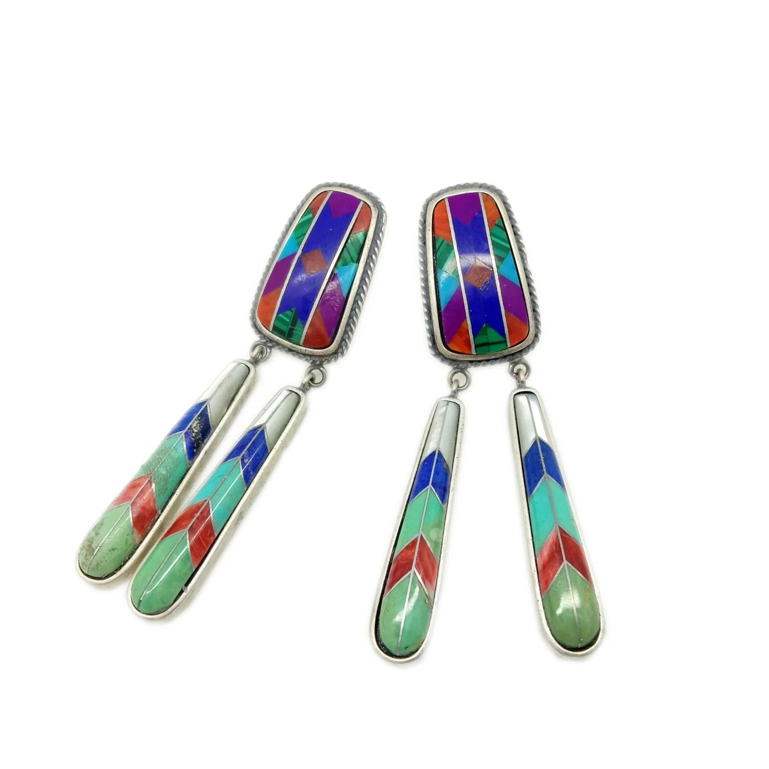 Gemstone Earrings spiny oyster Turquoise mosaic  925 Sterling Silver
