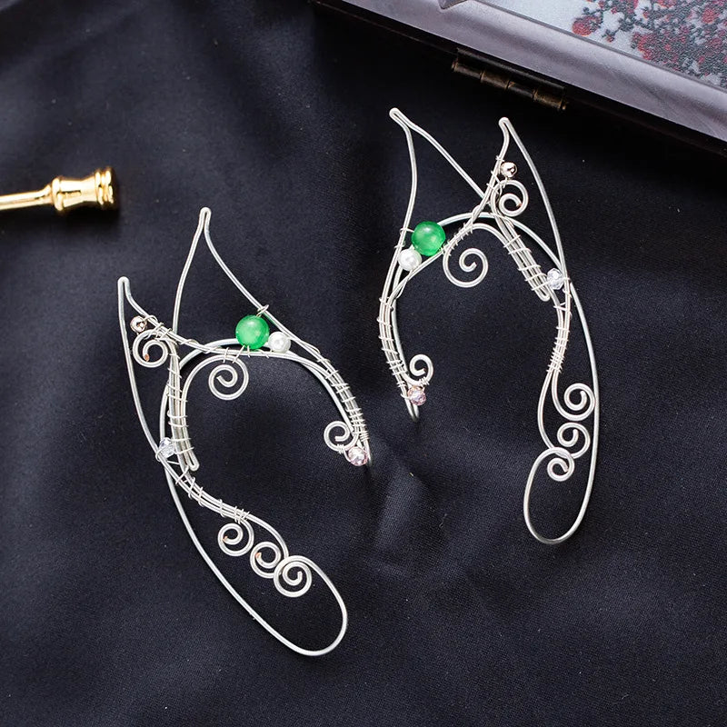 2022 New Fairy No Pierced Clip on Earring Green Crystals Pearl Elves Ear Cuff Earrings for Women