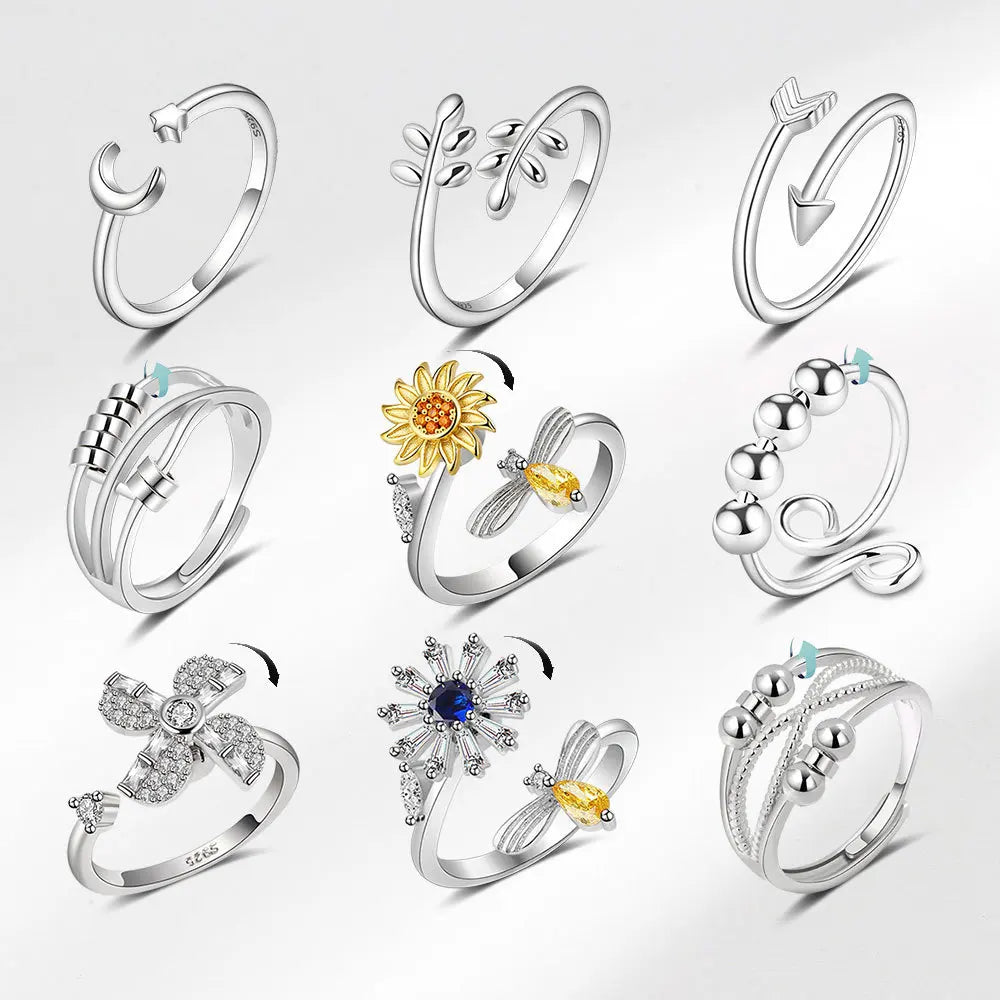 Hot Sale Stackable Spinner Anxiety Adjustable Cubic Zirconia Flower Butterfly Sunflower Fidget Ring for Women