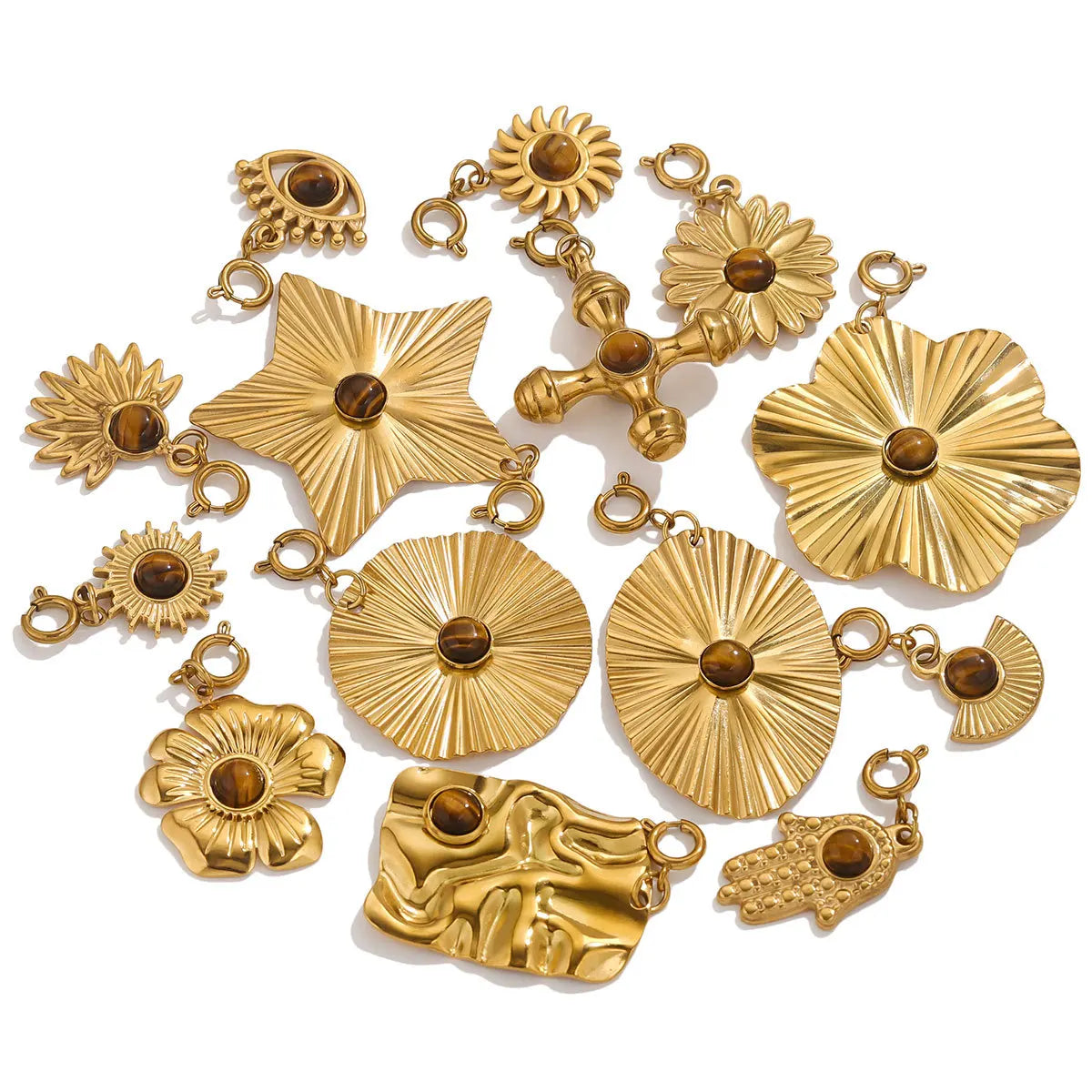 Stainless Steel Natural Sunflower Tiger Eye Stone Pendant With Spring Pendant for Earrings Necklace Making Finding