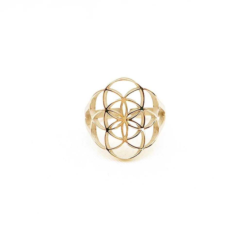 Chakra Jewelry Gold Ring Stainless Steel Adjustable Seed of Life 18K Statement Jewelry Joyas De Acero Inoxidable Al Por Mayor