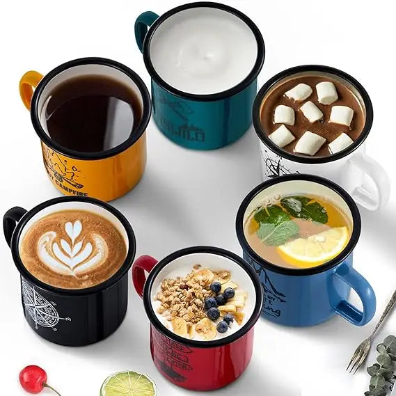 12oz 350ml Portable Durable Cups for Coffee & Tea Wide Handle & Smooth Rim Lid Indoor Outdoor Activities Small Enamel Camp Cups