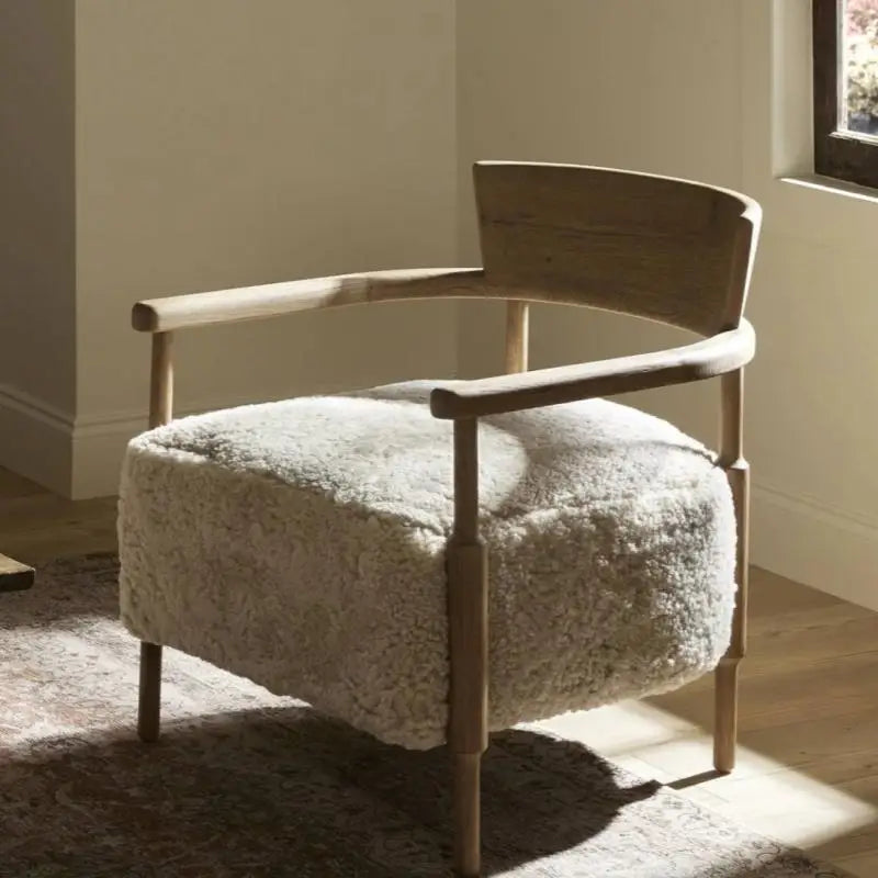 Modern Vintage Single Seat Leisure Chair Solid Wood Lazy Sofa for Living Room Bedroom Balcony-Featuring Fabric Lambswool Design