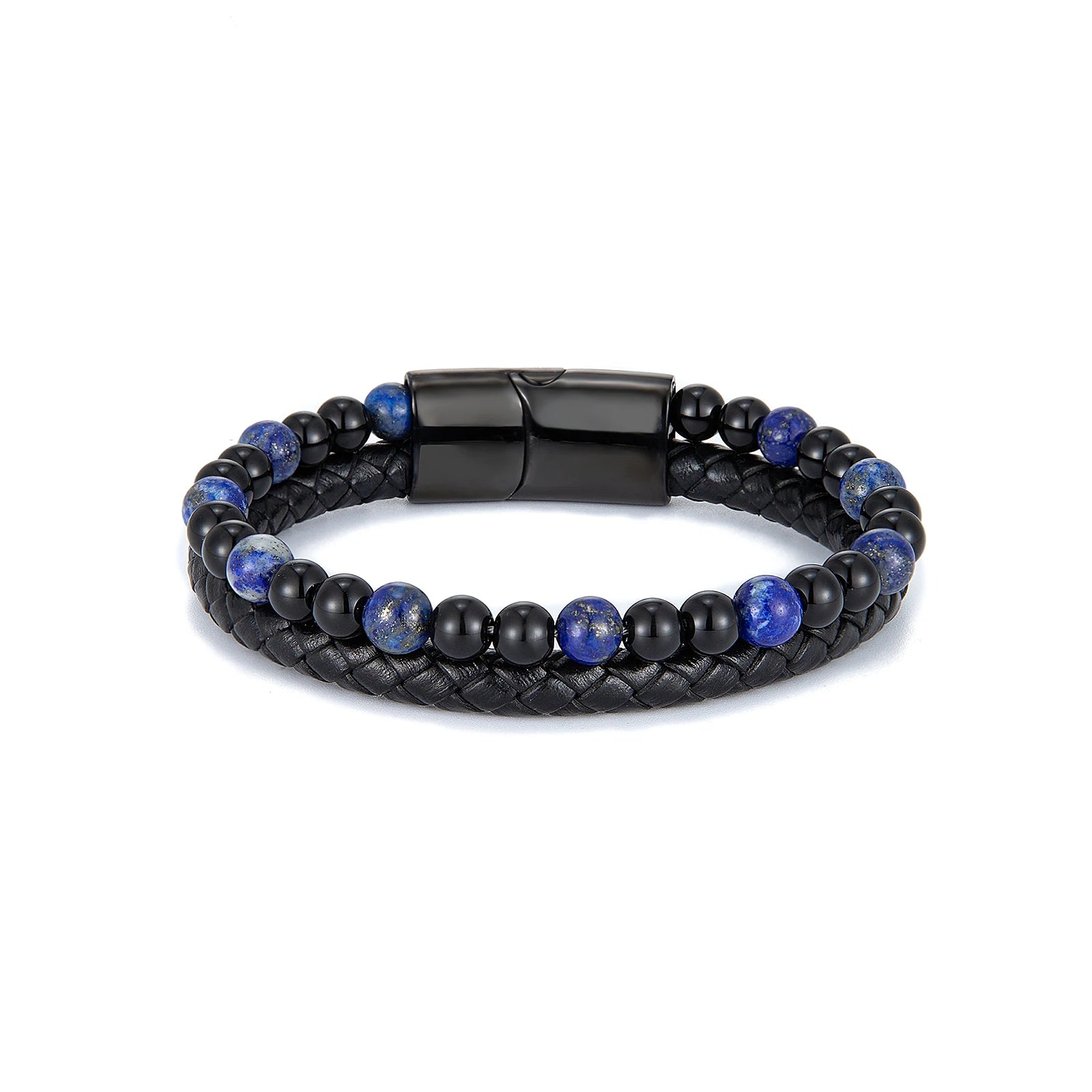 Classic Black Blue Stone Beads Bracelet New Punk Leather Bracelet Stainless Steel Braid Leather Bracelet