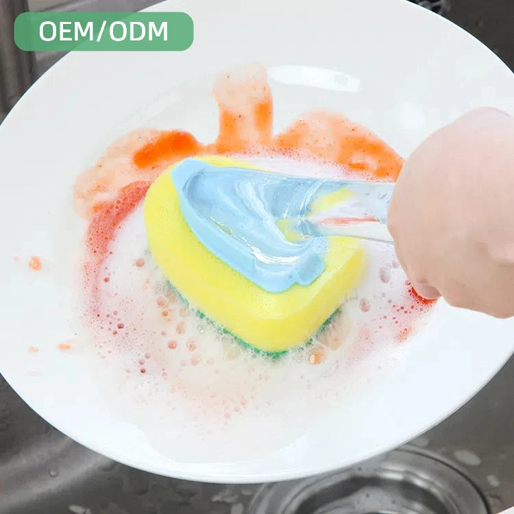 New Arrival Kitchen Cleaning Brushes Long Handle PP Plastic Liquid Dispenser Brush Sponge with Hand Design