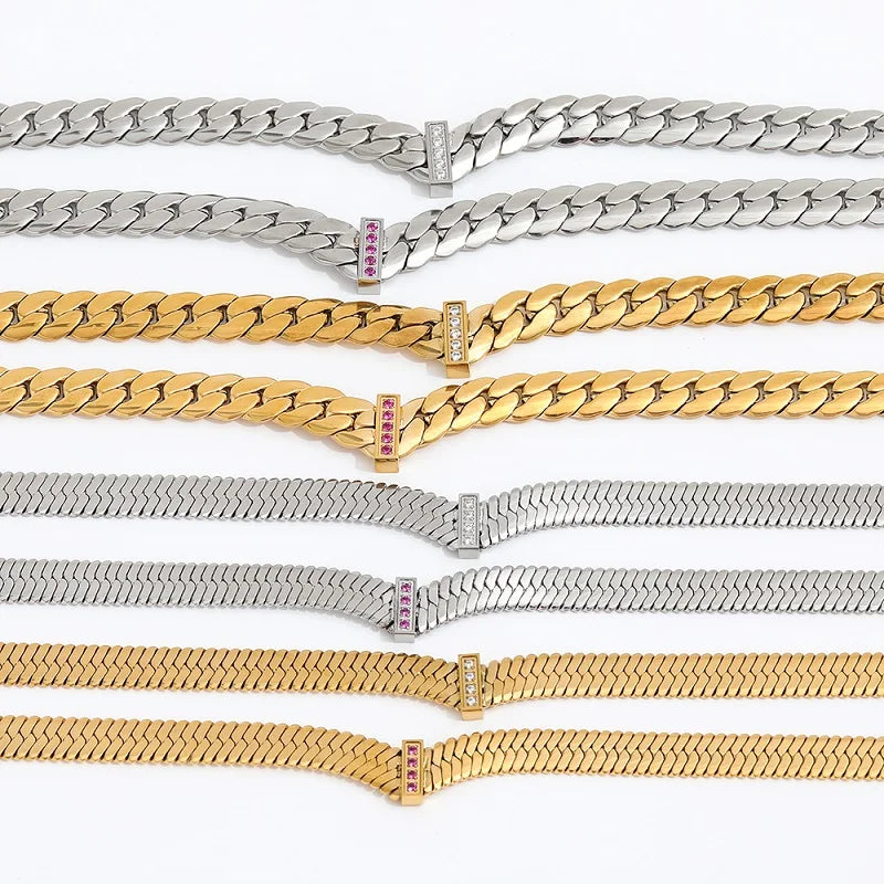 Joolim Jewelry 18K Gold Plated Clear Red Zirconia Herringbone Band Chain Necklace Stainless Steel Jewelry Wholesale
