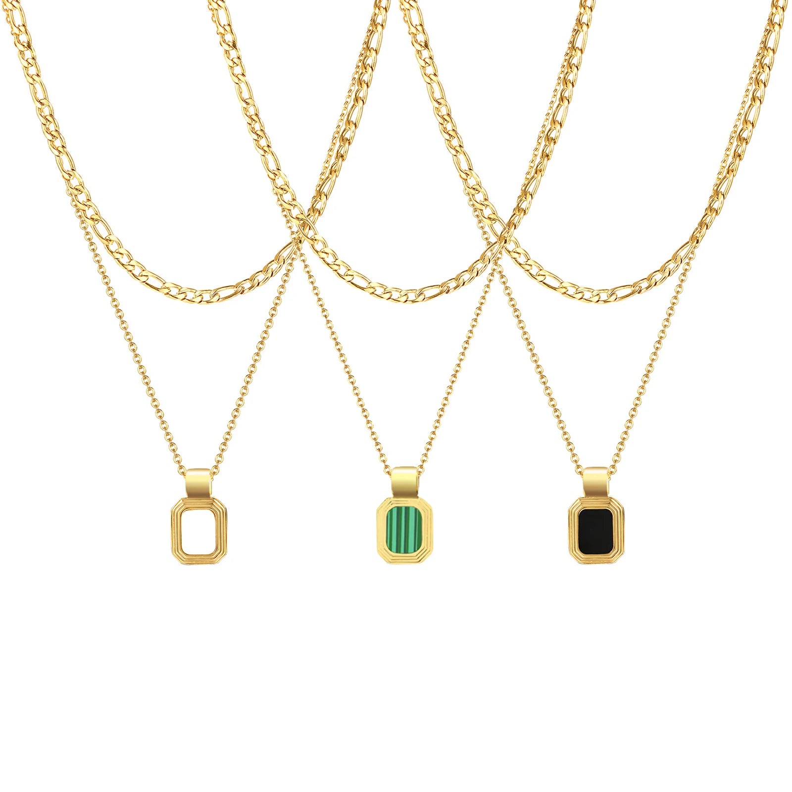 Gold Plated Women Layering Necklace Figaro Chain Choker Dainty Square Gemstone Pendant Layered Necklace Stainless Steel Jewelry