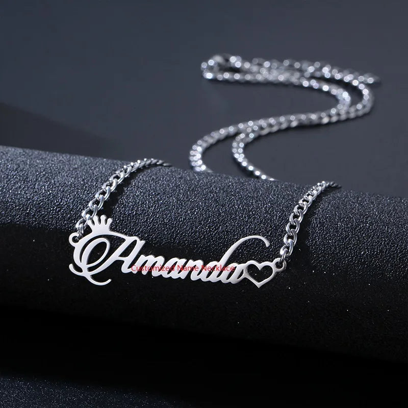 Personalized Crown Name Necklace Pendant Rose Stainless Steel Chain Necklace Gift Customized Accessories Jewelry