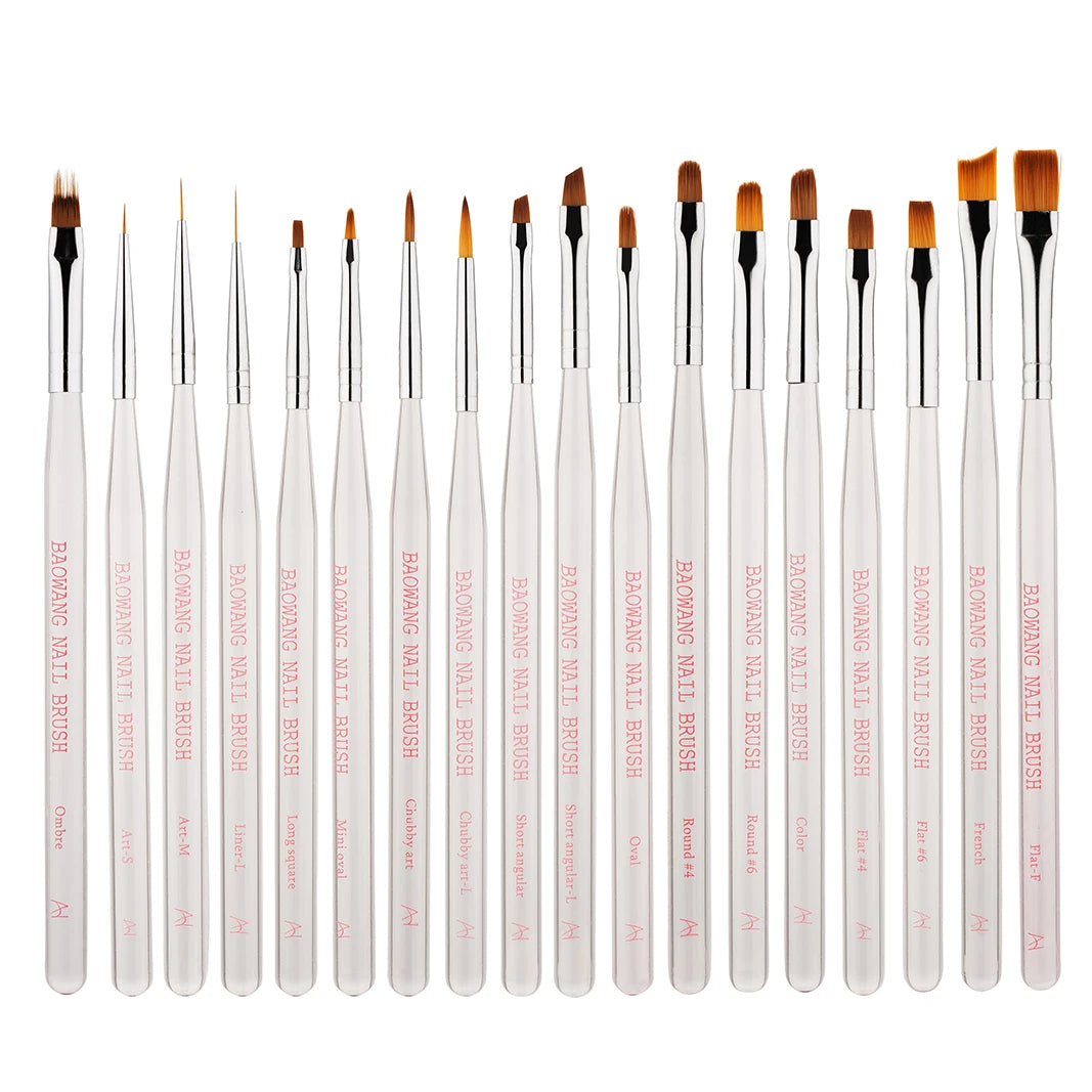 A Set of 18pcs Hot Selling Clear Acrylic Handle Nail Brush Kit with High Quality PET Nylon Hair Liner Brush for Nail Salon BW6