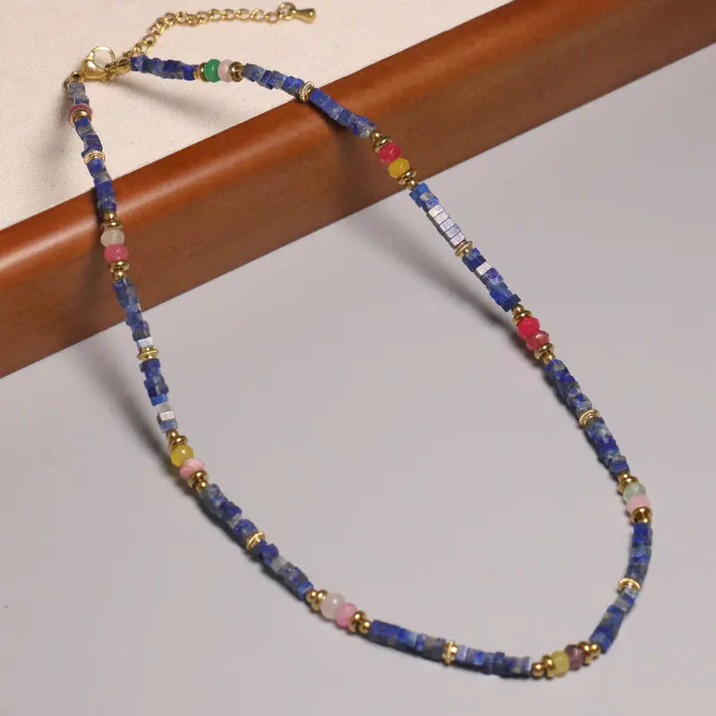 Handmade Gold Plated Necklace Dainty Natural Stone Lapis Lazuli Beaded Clavicle Necklace Dainty Healing Stone Jewelry for Women
