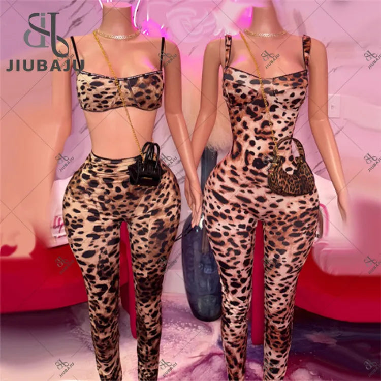 Sexy Backless Leopard Print Jumpsuit Women Stunning Panelled Crop Camis+High Waist Slim Pant Outfit