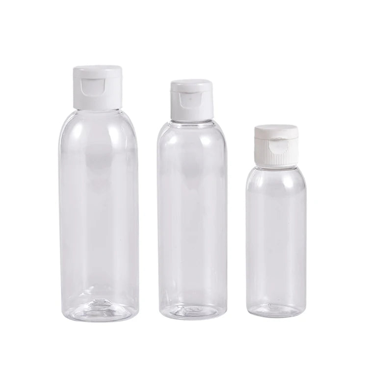Custom Clear Travel Size Toiletries Containers 50ml 100ml 120ml 250ml Boston Round Bottles with Flip Top Cap Reusable