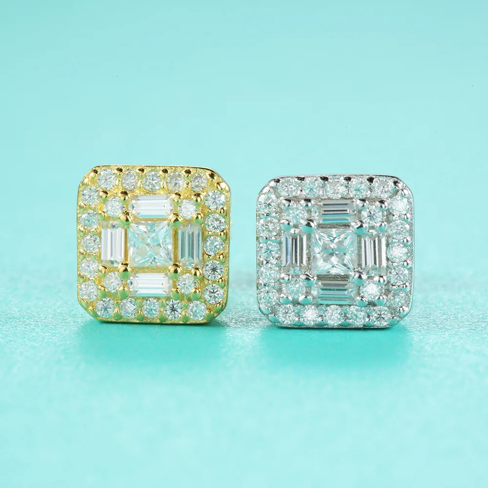 New Trendy Women's 925 Sterling Silver Hip Hop Geometric Square Cubic Moissanite Earrings Screw Back Design