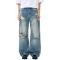 Denim Men's Loose Fit Light Wash Jeans Distressed Knee Hole Destroyed Details Wide Leg Flare Casual Retro Street Style